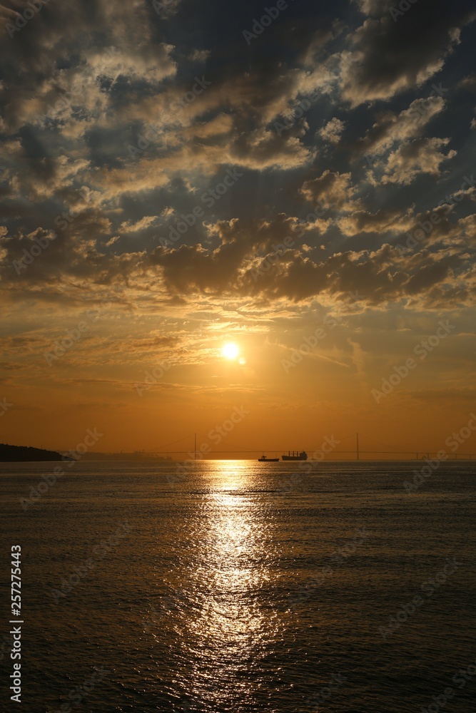 Sunset horizon sea water landscape. Sunset sea horizon panorama. Orange sunset sea horizon view at sunset 