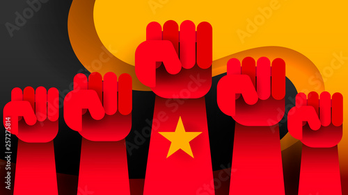 Revolution raised hands up vector illustration on dark background.