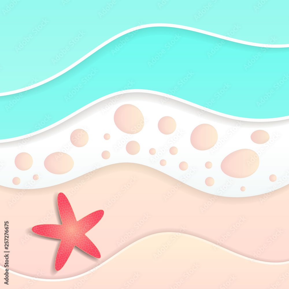 Top View Beach Background With Starfish And Sea. Aerial View Of Summer Beach In Paper Craft Style.paper Cut And Craft Style.