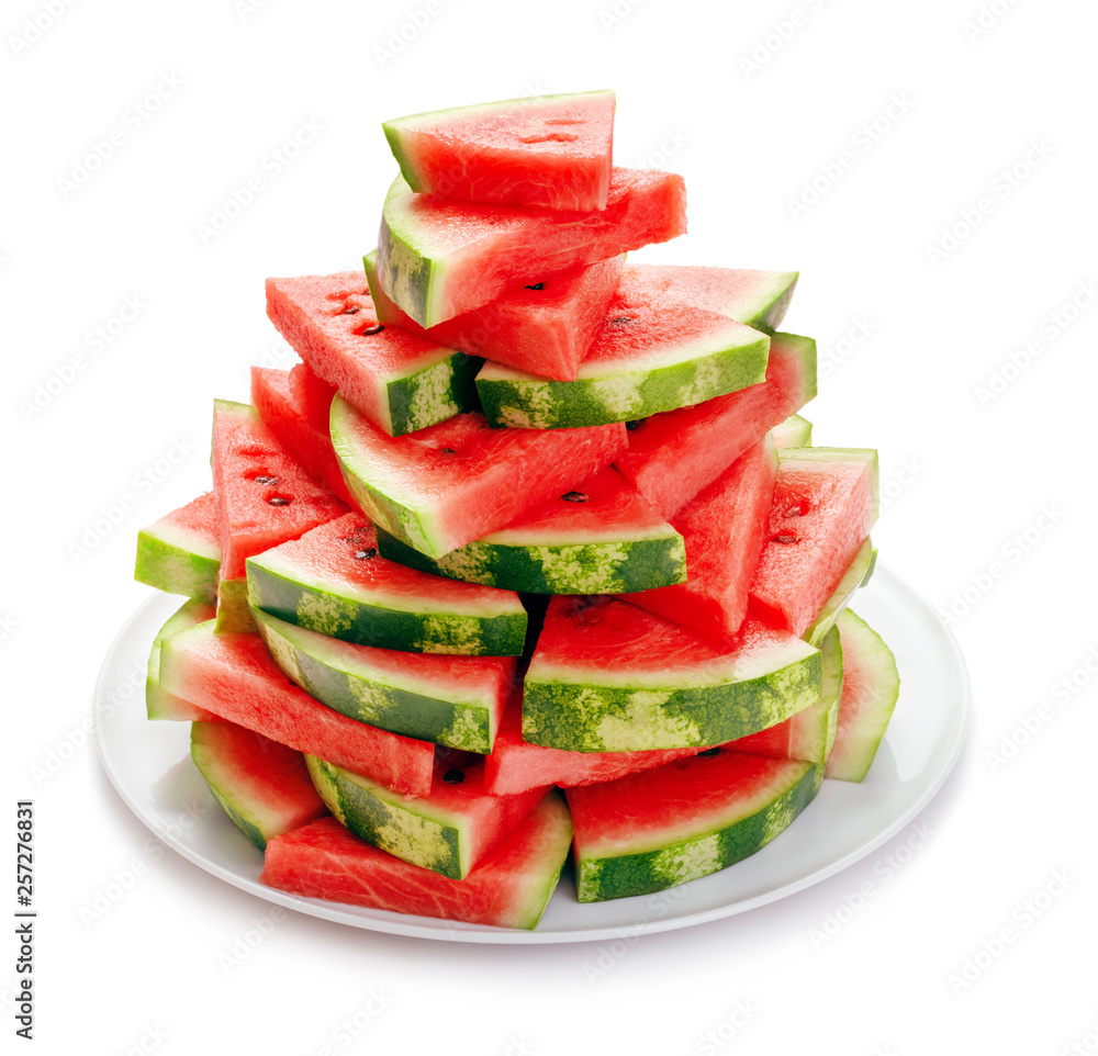 slices of watermelon on plate isolated on white slices of watermelon on plate isolated on white
