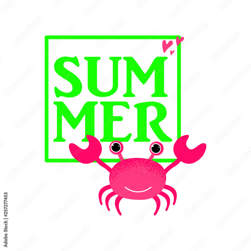 Summer card with cartoon crab icon in modern flat style. Ocean animal character. Summer season time background. Vector Illustration Summer card with cartoon crab icon in modern flat style. Ocean animal character. Summer season time background. Vector Illustration