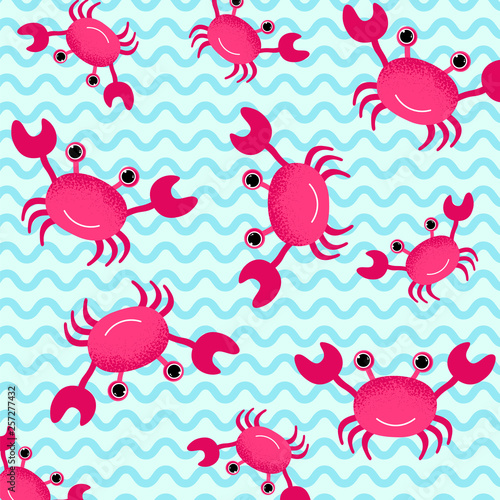 Cartoon crab background on sea wave. Cute baby crab background. Vector Illustration
