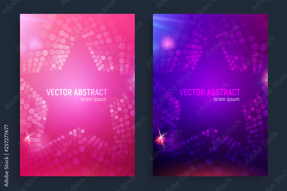 Vertical banners set with 3D abstract plastic pink, blue and proton purple mesh star background with circles, lens flares and glowing reflection. Set with 3D abstract background in trend colors.
