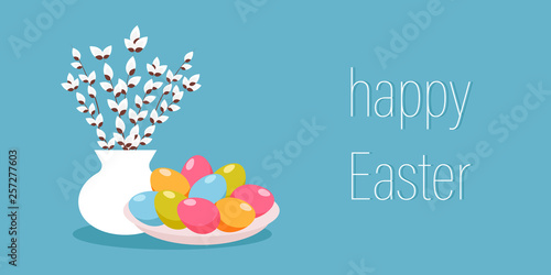 happy Easter. holiday card with willow branches and painted eggs. vector.