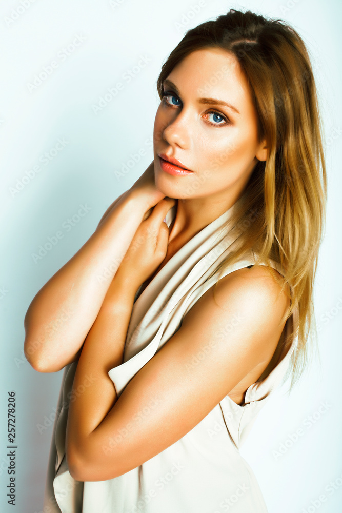 young pretty lady girl posing emotional happy smiling on white background, lifestyle people concept close up young pretty lady girl posing emotional happy smiling on white background, lifestyle people concept close up