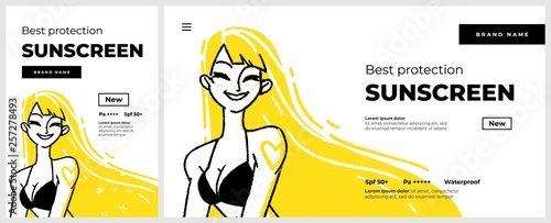 Poster and banner or landing page template for sunscreen protection sun care cosmetics. Happy smiling woman character on the. Vector illustration