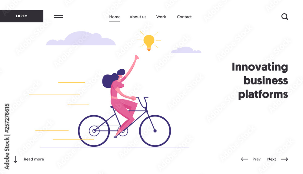 Fototapeta premium Creative Solution, Business Success Concept with Businesswoman Character on a bike Getting Idea as a Lightbulb. Innovation Banner with Modern Graph for Website, Web Page. Flat Vector Illustration