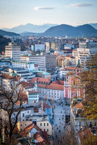 View from castle over town Ljubljana to mountain range Karawanks
