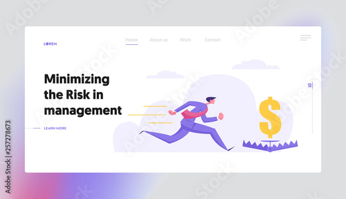 Business Risk Management Concept with Greedy Businessman Character Chasing for Money Directly to Bear Trap. Banner with Desperate Man for Website, Web Page. Flat Vector Illustration