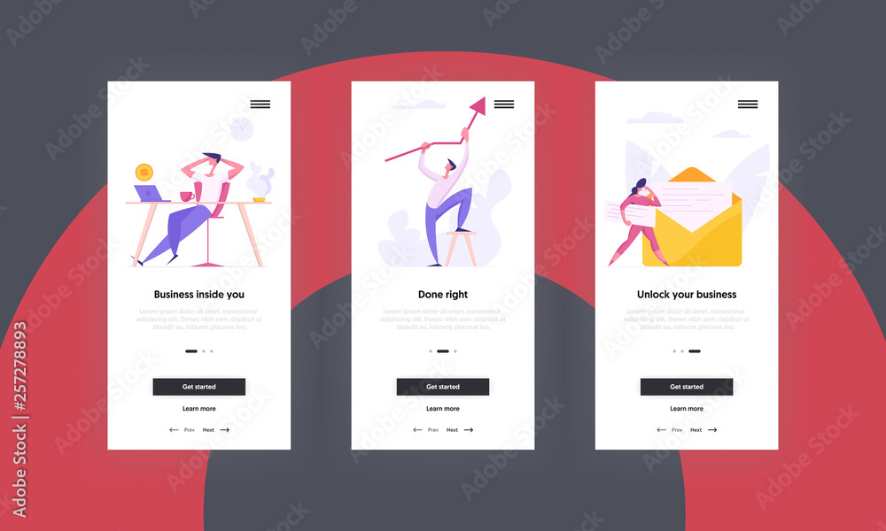 Innovation Business Concept Mobile App Page Screen Set. People Characters. Relax Businessman, Woman with Envelope and Man Holding Arrow Going Up for Website Web Page. Flat Cartoon Vector Illustration.