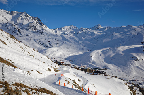 Val Thorens, France - March 7, 2019: Val Thorens is the highest ski resort in Europe at an altitude of 2300 m.