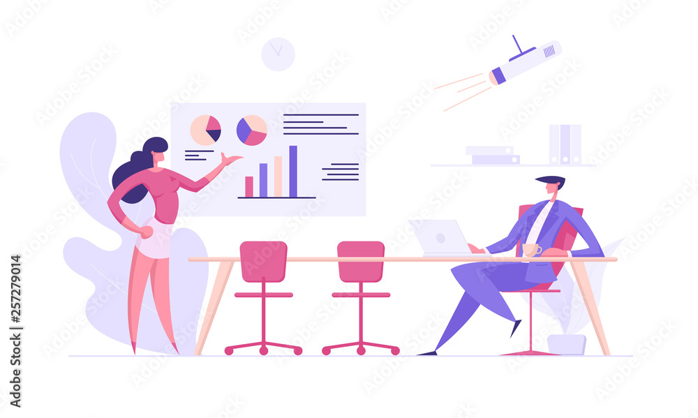 Business Presentation Success Concept with Businesswoman Character Explaining Charts to Lead Man. Seminar Training Banner with Man and Woman for Website, Web Page. Flat Vector Illustration