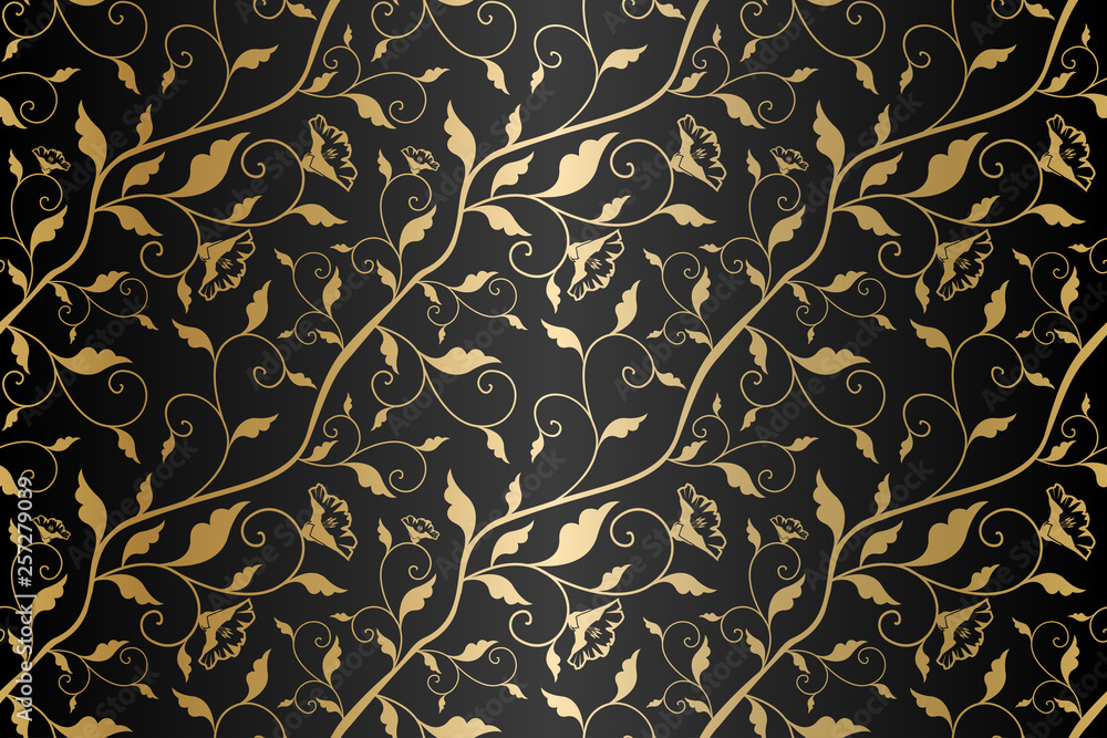 Seamless vector golden texture floral pattern. Luxury repeating damask  black background. Premium wrapping paper or silk gold cloth with leaves and  flowers. Stock Vector