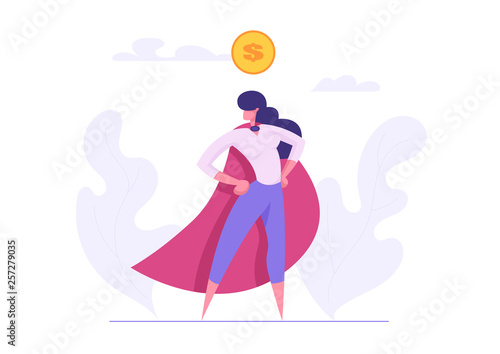 Ambition Business Success Concept with Superhero Woman Character. Motivational Banner with Proud Businesswoman with Dollar Sign Graph for Website, Web Page or Presentation. Flat Vector Illustration