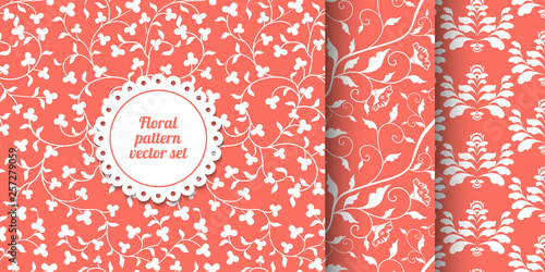 Collection of seamless coral pink floral patterns. Living Coral - 2019 Color of the Year. White laves and flowers vector texture. Repeating damask background. Wrapping paper or cloth print. Page fill