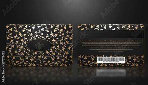 Vector template of membership or loyalty black VIP card with luxury elegant golden floral pattern. Front and back design presentation. Premium member, gift plastic card.