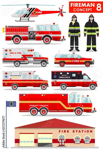 Fireman concept. Detailed illustration of firefighter, firewoman in uniform, fire station building, firetruck and helicopter in flat style on white background. Vector illustration.