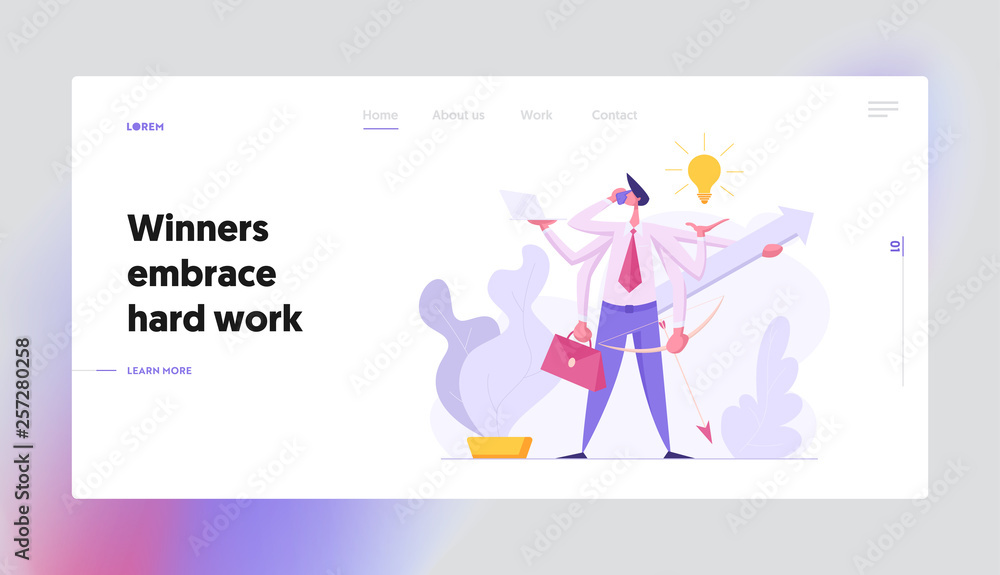 Multitasking Efficient Business Success Concept with Businessman Character Having Six Hands Doing Several Actions. Landing Page with Productive Man for Website, Web Page. Flat Vector Illustration