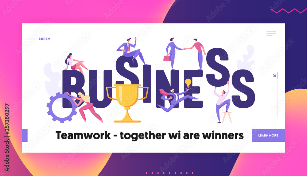 Successful Business Teamwork Concept Landing Page. Business People Characters with Prize, Gear and Idea Bulb. Partnership Collaboration for Website, Web Page Template. Vector Flat Cartoon Illustration
