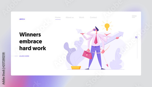 Multitasking Efficient Business Success Concept with Businessman Character Having Six Hands Doing Several Actions. Landing Page with Productive Man for Website, Web Page. Flat Vector Illustration