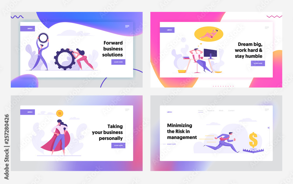 Successful Team Spirit Ambitious Finance Business Concept Landing Page Set. People Characters with Gears, Passive Income Dreams and Money Goal Trap for Website, Web Page. Flat Vector Illustration
