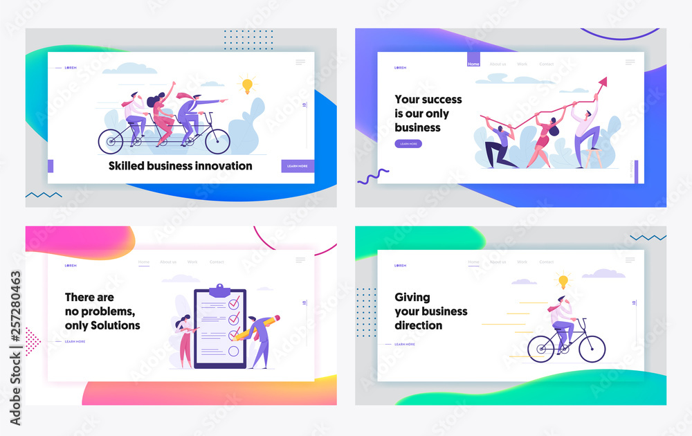 Creative Cooperation Developing Innovation Business Success Concept Landing Page Set. People Characters with Checklist, Tandem Bike, Arrow and Idea Bulb for Website, Web Page. Flat Vector Illustration
