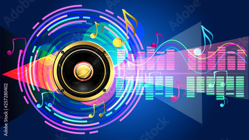 Speaker with notes on funky modern musical background