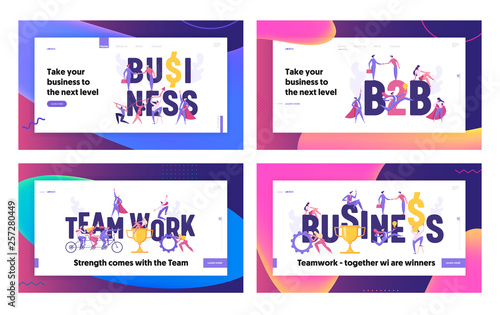 Successful Ambitious Developing Finance Business Concept Landing Page Set. People Characters with Gears, Arrow, Prize, Idea, Tandem Bike and Cooperation for Website, Web Page. Flat Vector Illustration