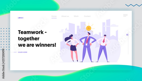 Financial Growth Successful Business Teamwork Cooperation Concept Landing Page. Business People Characters with Dollar Sign, Money Goal for Website, Web Page Template. Vector Flat Cartoon Illustration
