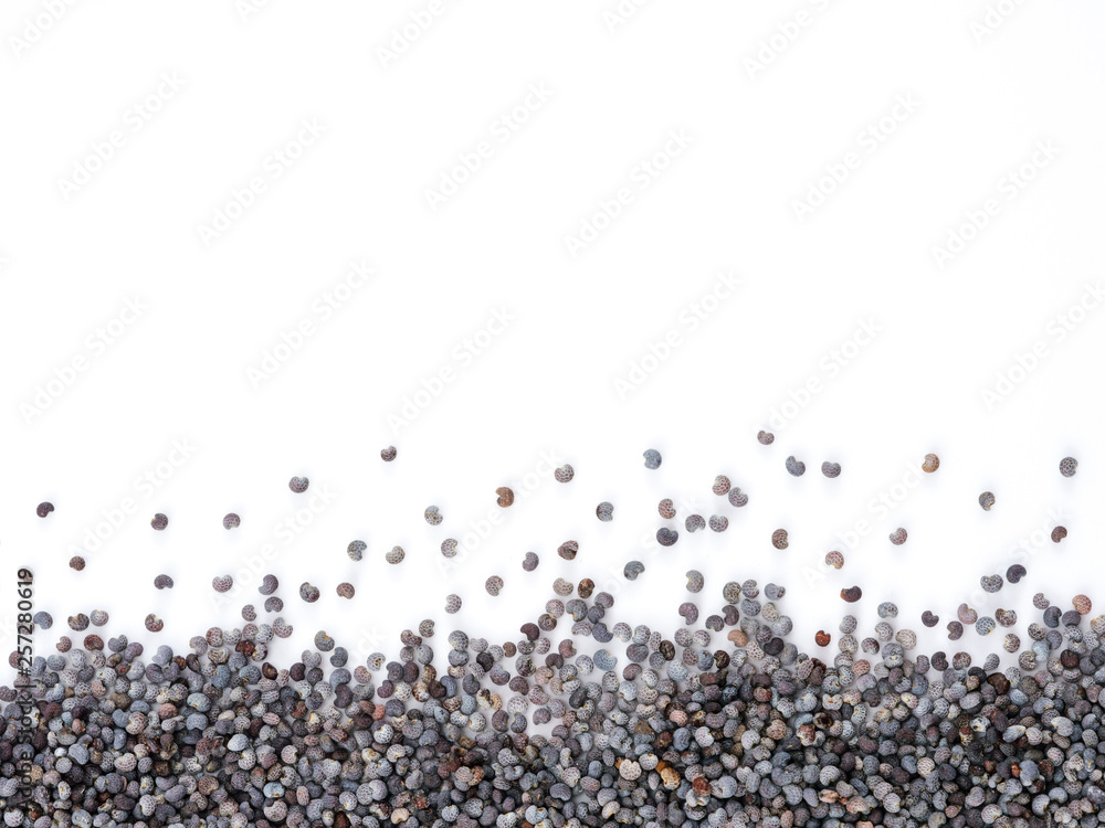 poppy seeds background with copy space. Isolated one edge. Top view or flat lay.