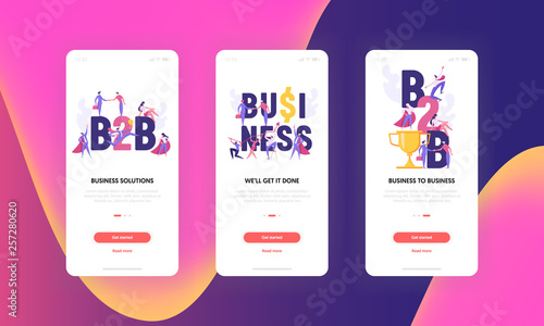 Successful Creative Teamwork B2B Innovation Business Concept for Mobile App Screen Set. People Characters with Arrow, Agreement, Idea and Prize Achievement Colorful Template. Flat Vector Illustration