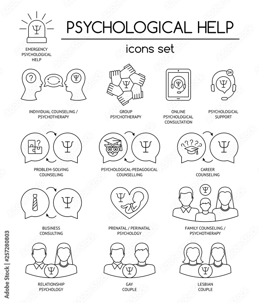 Psychological help. Set of linear icons symbols for psychology counseling, consulting, psychotherapy. Flat design. Vector
