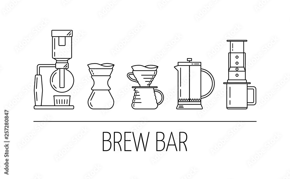 Brew bar. Set of vector black linear icons about coffee brewing