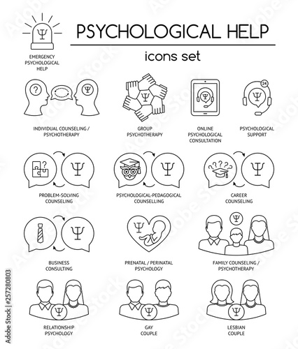 Psychological help. Set of linear icons symbols for psychology counseling, consulting, psychotherapy. Flat design. Vector