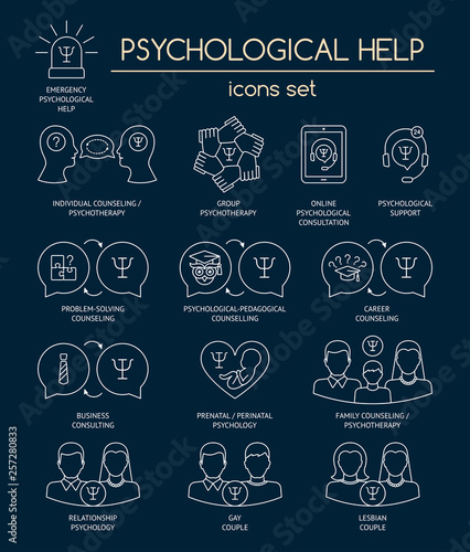 Psychological help. Set of white linear icons symbols for psychology counseling, consulting, psychotherapy. Flat design. Vector