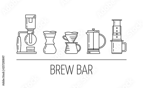 Brew bar. Set of vector black linear icons about coffee brewing methods. Siphon, pour over, french press, aeropress. Flat design. Vector