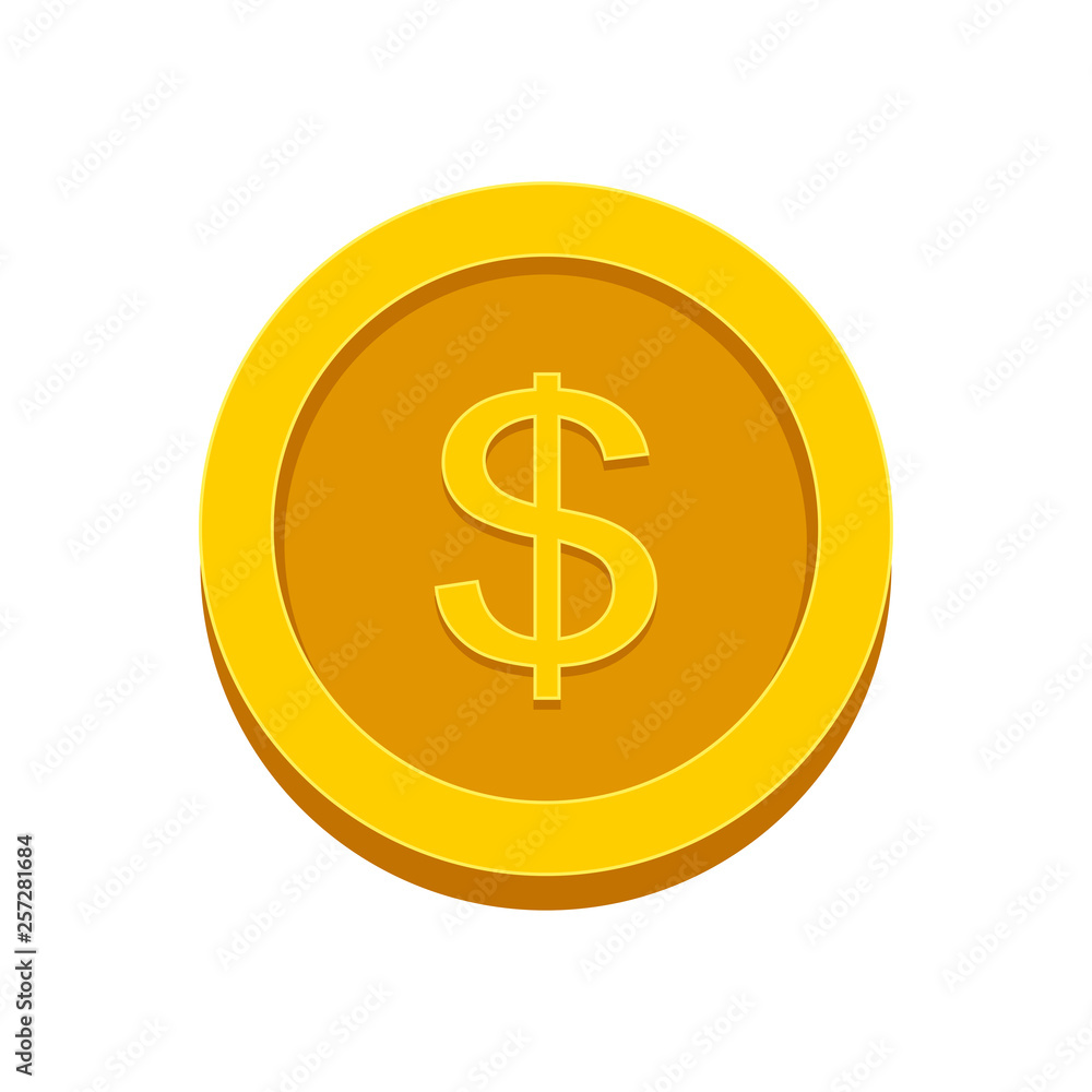 Gold coin dollar isolated on white background. Money, currency icon. Cash symbol. Business, economy concept. Vector flat illustration Gold coin dollar isolated on white background. Money, currency icon. Cash symbol. Business, economy concept. Vector flat illustration