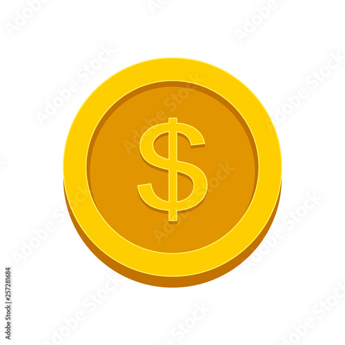 Gold coin dollar isolated on white background. Money, currency icon. Cash symbol. Business, economy concept. Vector flat illustration