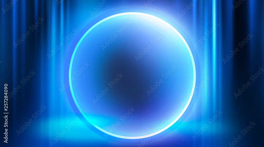 Neon circle, neon lights. Neon circle with the center of a dark empty scene with spotlights. Abstract light. Night view. Neon circle, neon lights. Neon circle with the center of a dark empty scene with spotlights. Abstract light. Night view.