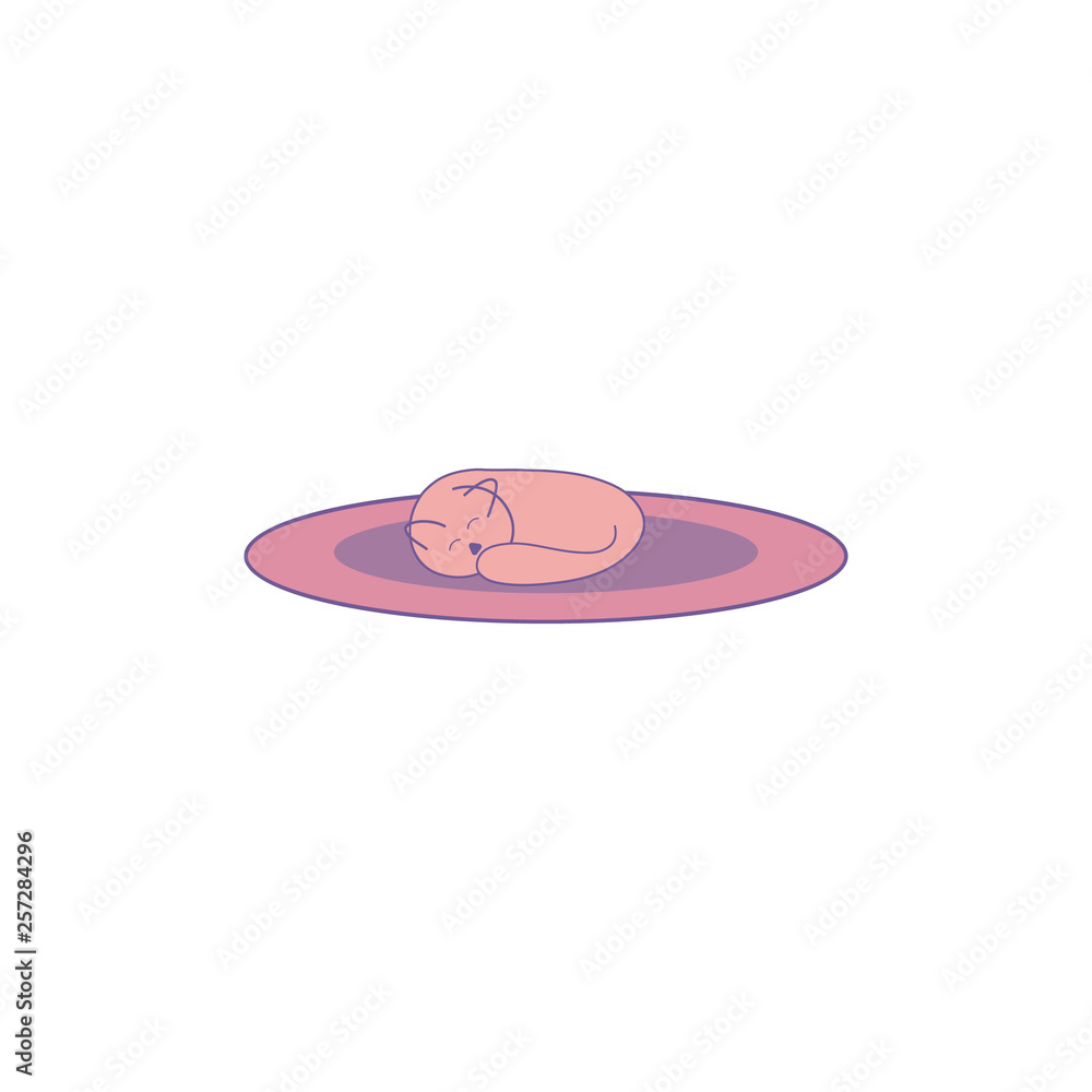 A sleeping cat on a rug in a linear flat style.Modern pink and purple pastel colors. A sleeping cat on a rug in a linear flat style.Modern pink and purple pastel colors.