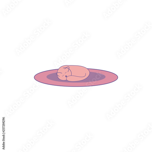 A sleeping cat on a rug in a linear flat style.Modern pink and purple pastel colors.
