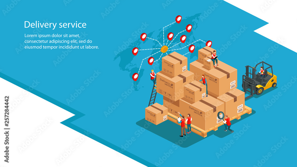 Isometric background of delivery and logistics concept. Warehouse with ...