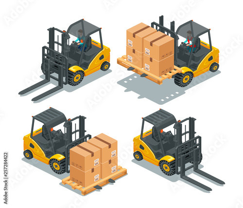 Isometric image of forklift truck with a woman driver and pallet with boxes. Front view. 3d effect vector illustration isolated on white background. Set.