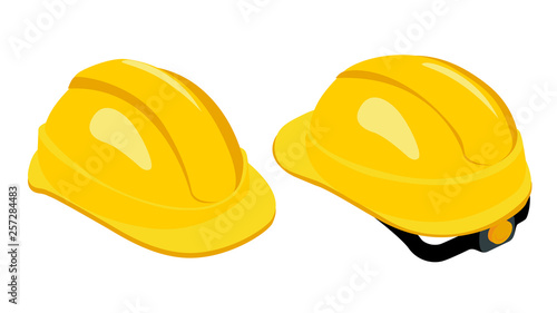 Isometric work safety helmet. Yellow hard hat. Rear and front view. Skullgard helmet isolated on white background. Protective work equipment. Vector illustration. photo