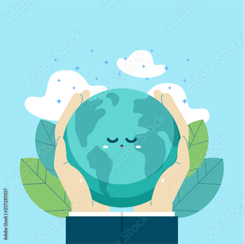 Earth day international awareness day. Human hand take care of cute globe earth. Flat vector design for campaign, poster, web,mobile, social media post. 