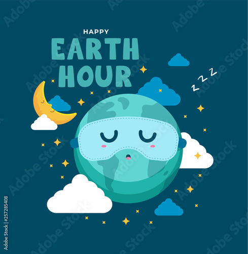 Earth hour day background. Cute cartoon of crescent moon and earth sleep with sleeping mask. Flat vector design for poster, web, mobile, background, social media post.