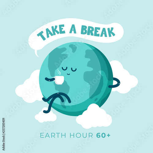 Earth hour day. Cute cartoon globe earth holding cup of coffee enjoy and take a break for a while. Flat vector design for campaign, poster, web, mobile, social media post.