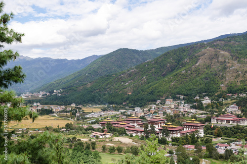 Tashichho Dzong  also known as Dzong of Thimphu  in Thimphu the capital of Bhutan. Dzongs are fortress like buildings which house a monastery and governmental office rooms. View of the Thimphu Valley.