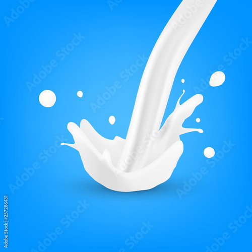 Realistic 3d Milk Flow Splash On Blue