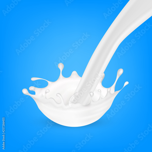 Realistic 3d Milk Flow Splash On Blue